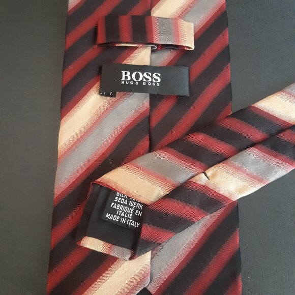 Hugo Boss Diagonal Striped Silk Tie, Black, Deep Red, Taupe & Gray - Picture 6 of 10